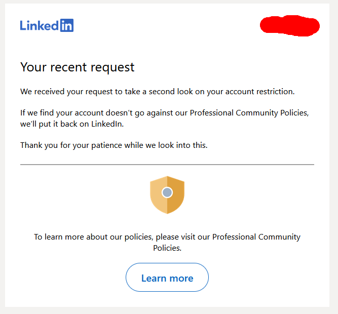 LinkedIn second look confirmation